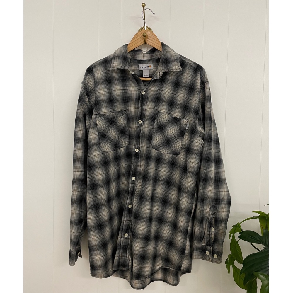 Carhartt Mens Large Black Grey Plaid Cotton Button Down Long Sleeve Shirt L